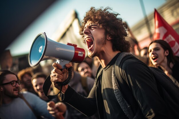 Foto foto de um líder estudantil usando um megafone para energizar colegas em um comício escolar