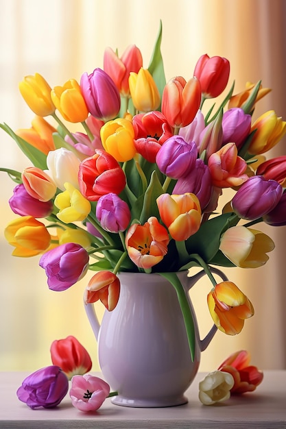 Foto de um lindo buquê colorido de tulipas na primavera