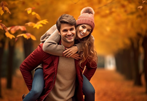 Foto de um lindo casal apaixonado na natureza do parque outono