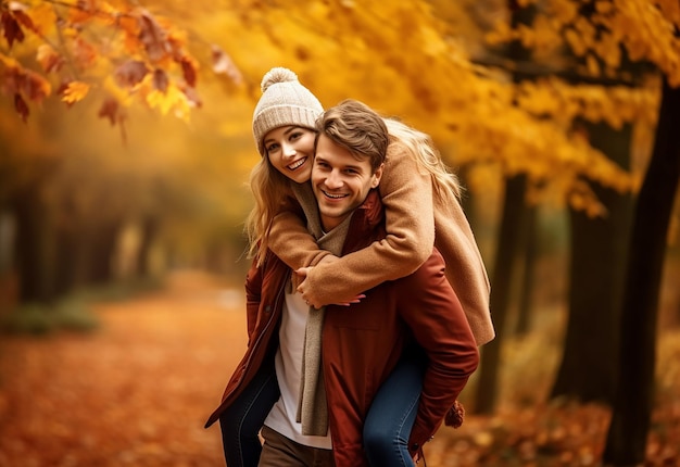 Foto de um lindo casal apaixonado na natureza do parque outono