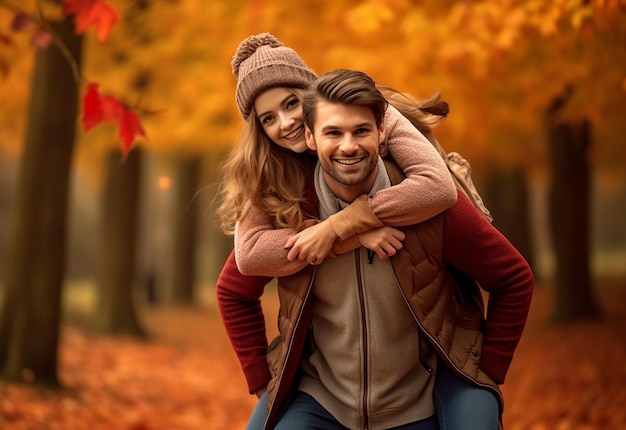 Foto de um lindo casal apaixonado na natureza do parque outono