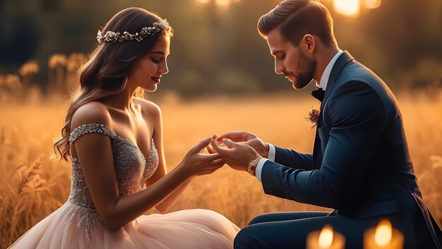 Foto foto de um lindo casal com um anel de casamento e um diamante mostrada à menina por ia gerada
