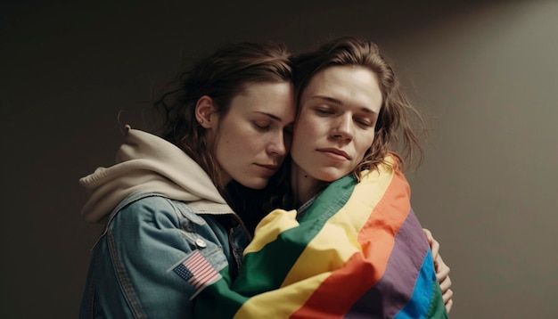 Foto foto de um lindo casal de lésbicas, senhoras, celebrando o desfile, mostrando tolerância, casamentos do mesmo sexo, abraçando-se, segurando a bandeira do arco-íris gay, generativa