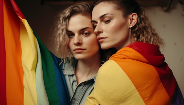 Foto foto de um lindo casal de lésbicas, senhoras, celebrando o desfile, mostrando tolerância, casamentos do mesmo sexo, abraçando-se, segurando a bandeira do arco-íris gay, generativa
