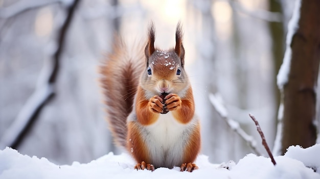 Foto de um lindo esquilo vermelho comendo uma noz no inverno