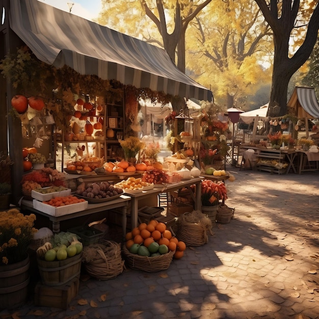 foto de um lindo mercado de outono atmosfera ensolarada de outono barracas de decorações de outono