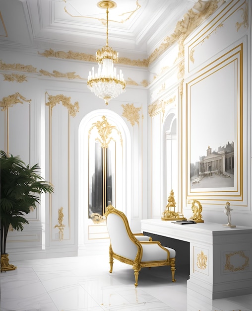 Foto de um luxuoso quarto branco e dourado com móveis elegantes