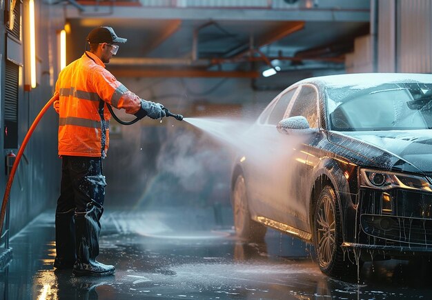 Foto de um mecânico de serviço pulverizando um carro de limpeza com sabão e água de mangueira