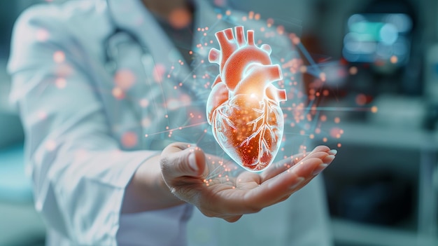 Foto de um médico com um coração holográfico nas mãos