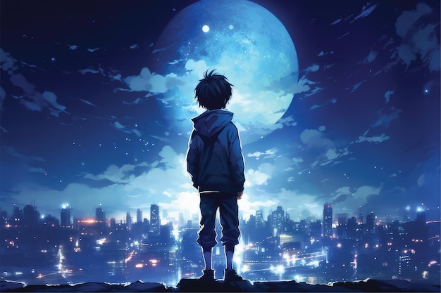 Foto foto de um menino de anime olhando para a lua na noite da cidade