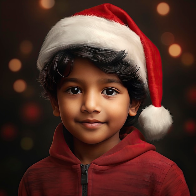 Foto de um menino indiano vestindo um chapéu de Papai Noel