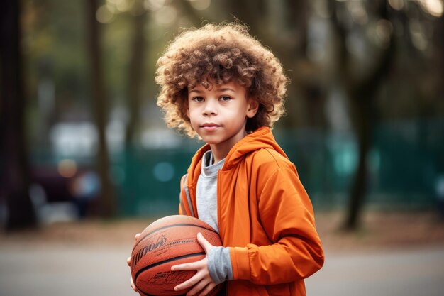 Foto de um menino jogando basquete ao ar livre criado com IA generativa