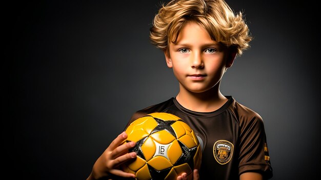 Foto de um menino loiro com uma camiseta azul chutando a bola com o joelho no parque gerada pela IA