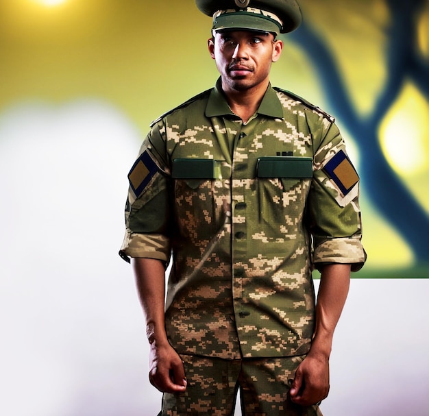 Foto de um militar em pé completo com uniforme