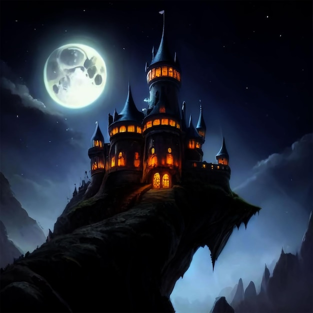 Foto de um misterioso castelo medieval numa noite de lua cheia