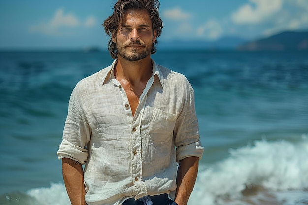 Foto de um modelo masculino vestindo uma camisa de linho branco, calções marinhos e chinelos azuis ao lado do oceano.