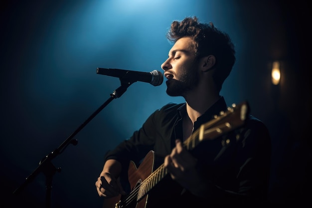 Foto de um músico cantando e tocando violão no palco