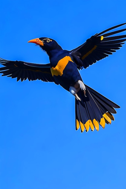 Foto de um myna comum voando no céu azul