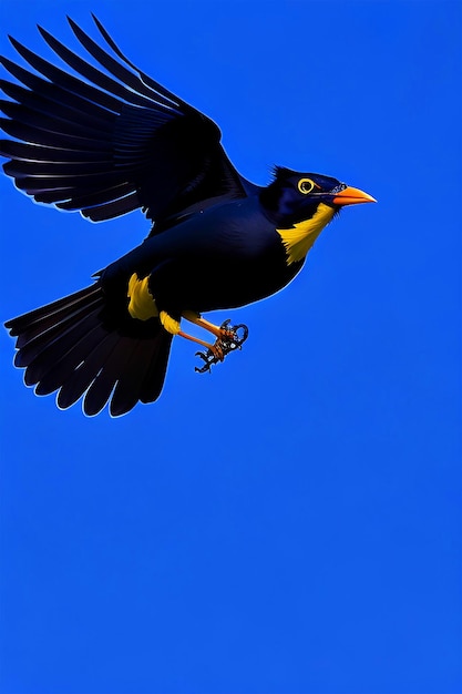 Foto de um myna comum voando no céu azul