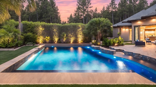 Foto de um oásis sereno no quintal com uma bela piscina e árvores verdes exuberantes