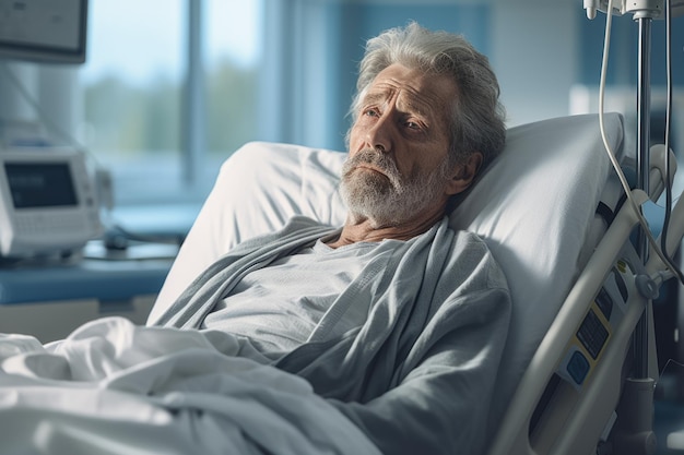 Foto de um paciente cochilando em uma cama de hospital