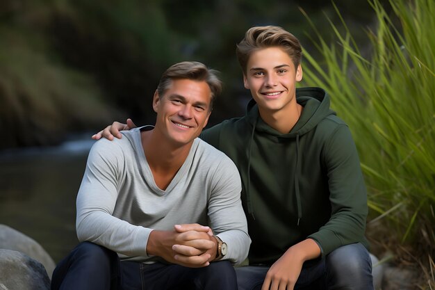 Foto de um pai e filho felizes posando ao ar livre e copiando espaço