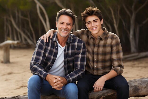 Foto de um pai e filho felizes posando ao ar livre e copiando espaço