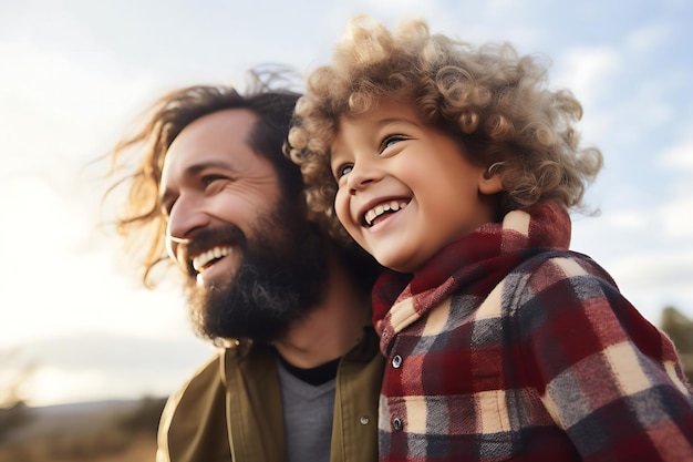 Foto foto de um pai e filho felizes posando ao ar livre e copiando espaço