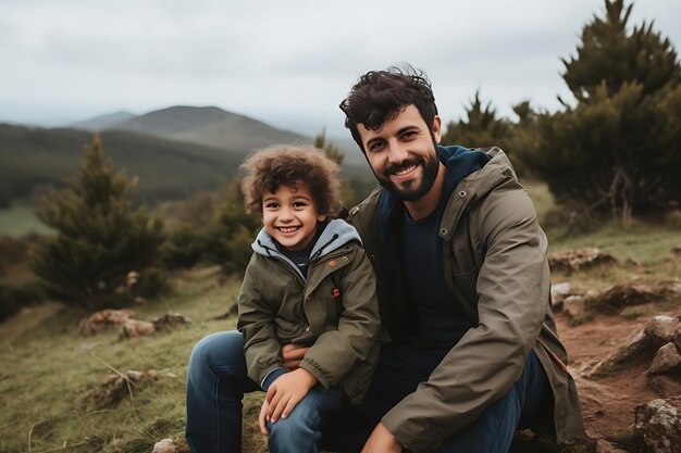 Foto foto de um pai e filho felizes posando ao ar livre e copiando espaço