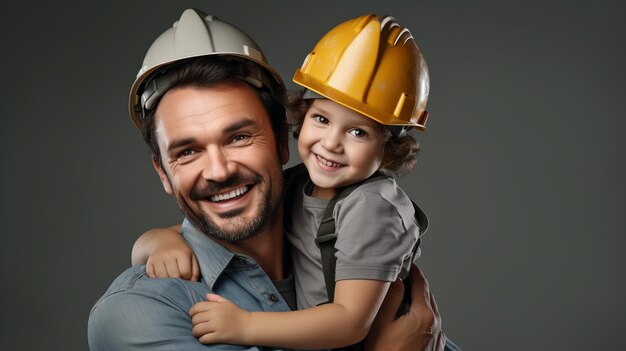 Foto foto de um pai sorridente está segurando o menino nas mãos e abraçando enquanto eles um