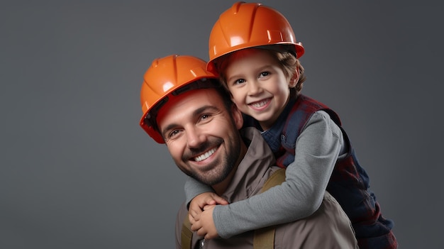 Foto foto de um pai sorridente está segurando o menino nas mãos e abraçando enquanto eles um