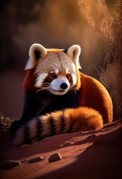 Foto de um panda vermelho descansando ao sol, seu pelo brilhando na luz quente generativa ai