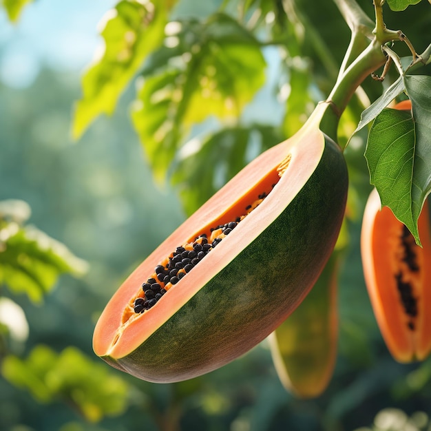 foto de um papaya ligado a um ramo com um fundo desfocado