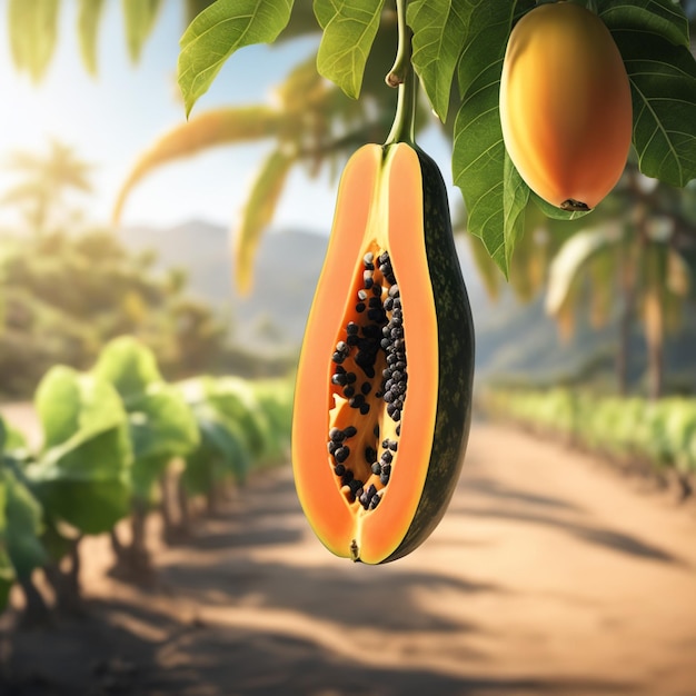 foto de um papaya ligado a um ramo com um fundo desfocado