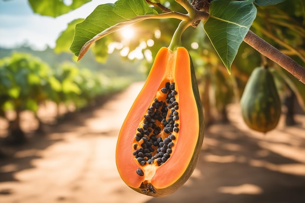 foto de um papaya ligado a um ramo com um fundo desfocado