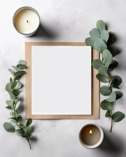 Foto de um papel em branco cercado por velas e vegetação exuberante com mockup de espaço de cópia mínimo