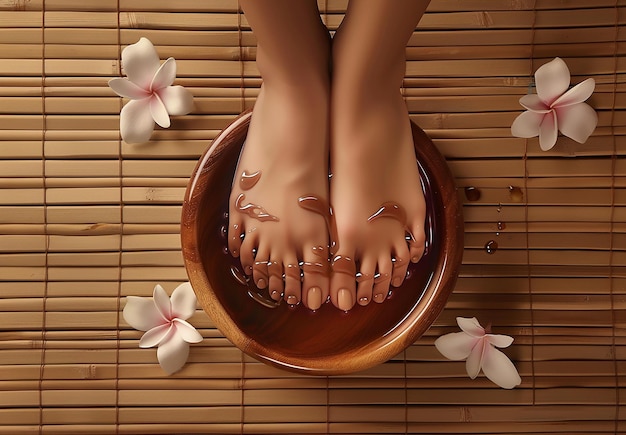 Foto foto de um pé de mulher em uma tigela de tratamento de pés de pedicura spa