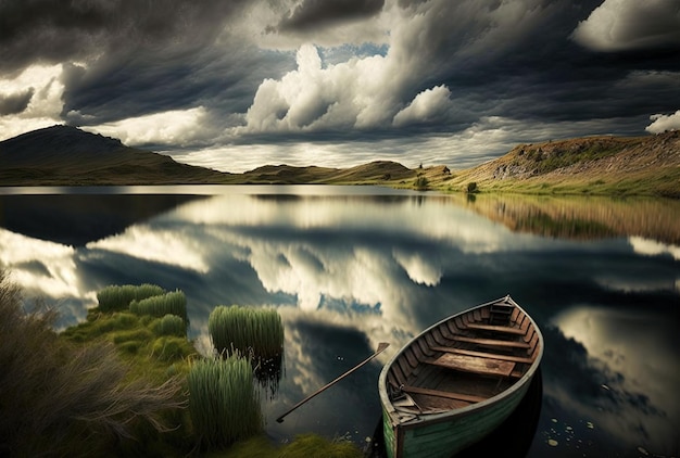 Foto de um pequeno lago adorável com um barco a remo de madeira em foco e nuvens incríveis no céu