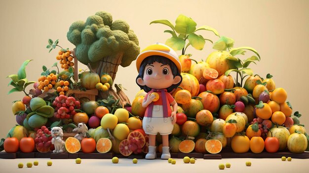 foto de um personagem D arranjando uma exibição de frutas coloridas