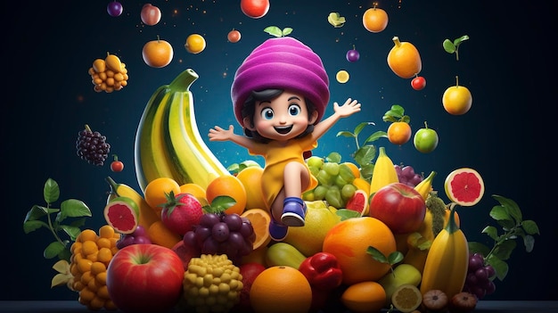 foto de um personagem D fazendo malabarismo com uma variedade de frutas coloridas