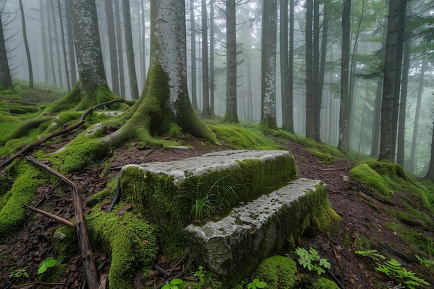 Foto de um pódio de pedra na mística floresta encantada