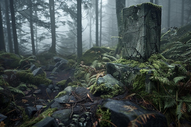 Foto de um pódio de pedra no mundo da chuva perpétua