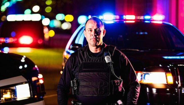 Foto de um policial de meia-idade de pé na frente de um carro de polícia à noite com luz traseira geradora de IA