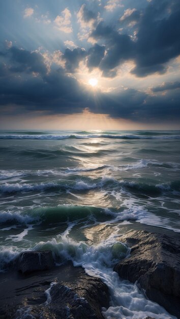 Foto de um pôr-do-sol pacífico na praia Oceano à beira-mar com nuvens areia dramática na costa