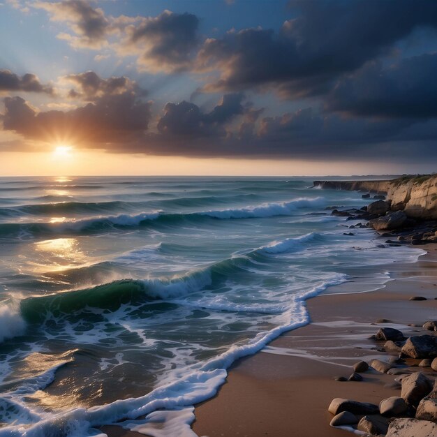 Foto de um pôr-do-sol pacífico na praia Oceano à beira-mar com nuvens areia dramática na costa
