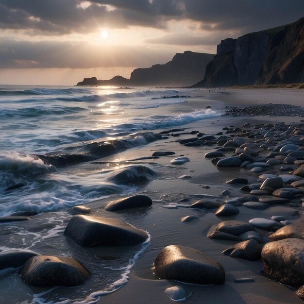 Foto de um pôr-do-sol pacífico na praia Oceano à beira-mar com nuvens areia dramática na costa