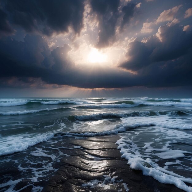 Foto de um pôr-do-sol pacífico na praia Oceano à beira-mar com nuvens areia dramática na costa