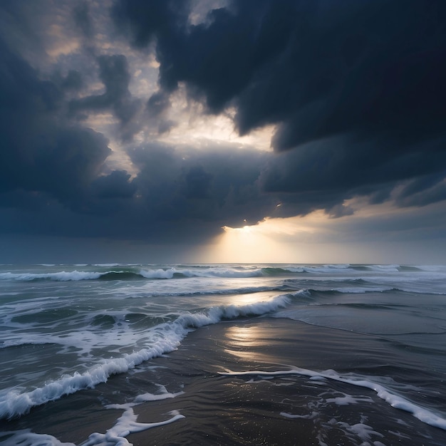 Foto de um pôr-do-sol pacífico na praia Oceano à beira-mar com nuvens areia dramática na costa