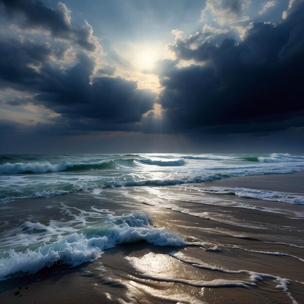 Foto de um pôr-do-sol pacífico na praia Oceano à beira-mar com nuvens areia dramática na costa