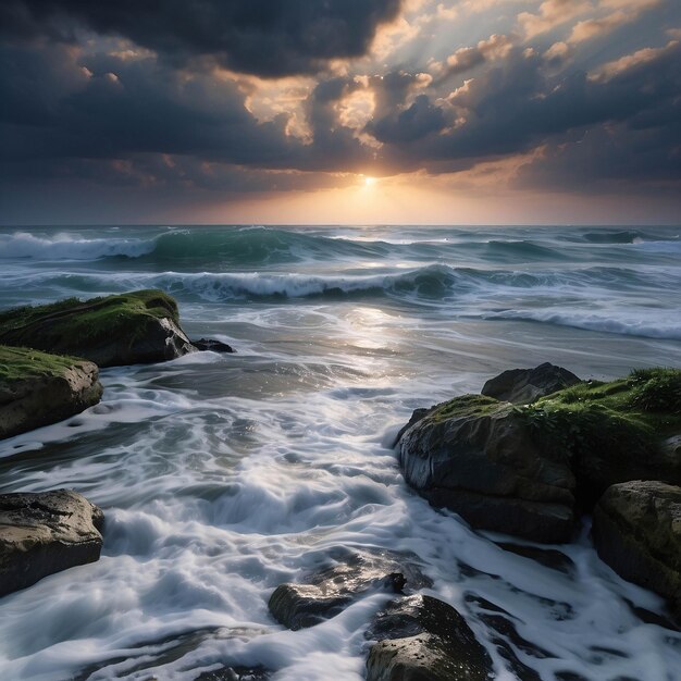 Foto de um pôr-do-sol pacífico na praia Oceano à beira-mar com nuvens areia dramática na costa